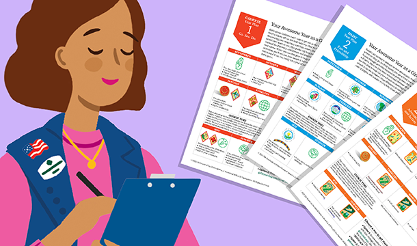 Illustration of a Girl Scout volunteer holding a clipboard with Troop Leader Plan documents